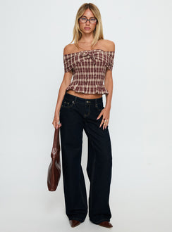 Avalynn Off Shoulder Shirred Top Brown Check