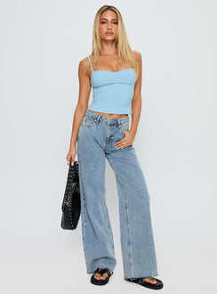 front view of model wearing Princess Polly Evanda Top Light Blue Sleeveless Sweetheart 