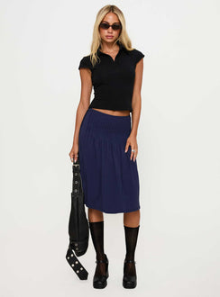   front view of model wearing Princess Polly Elaila Pleat Midi Skirt Navy Midi Skirts 