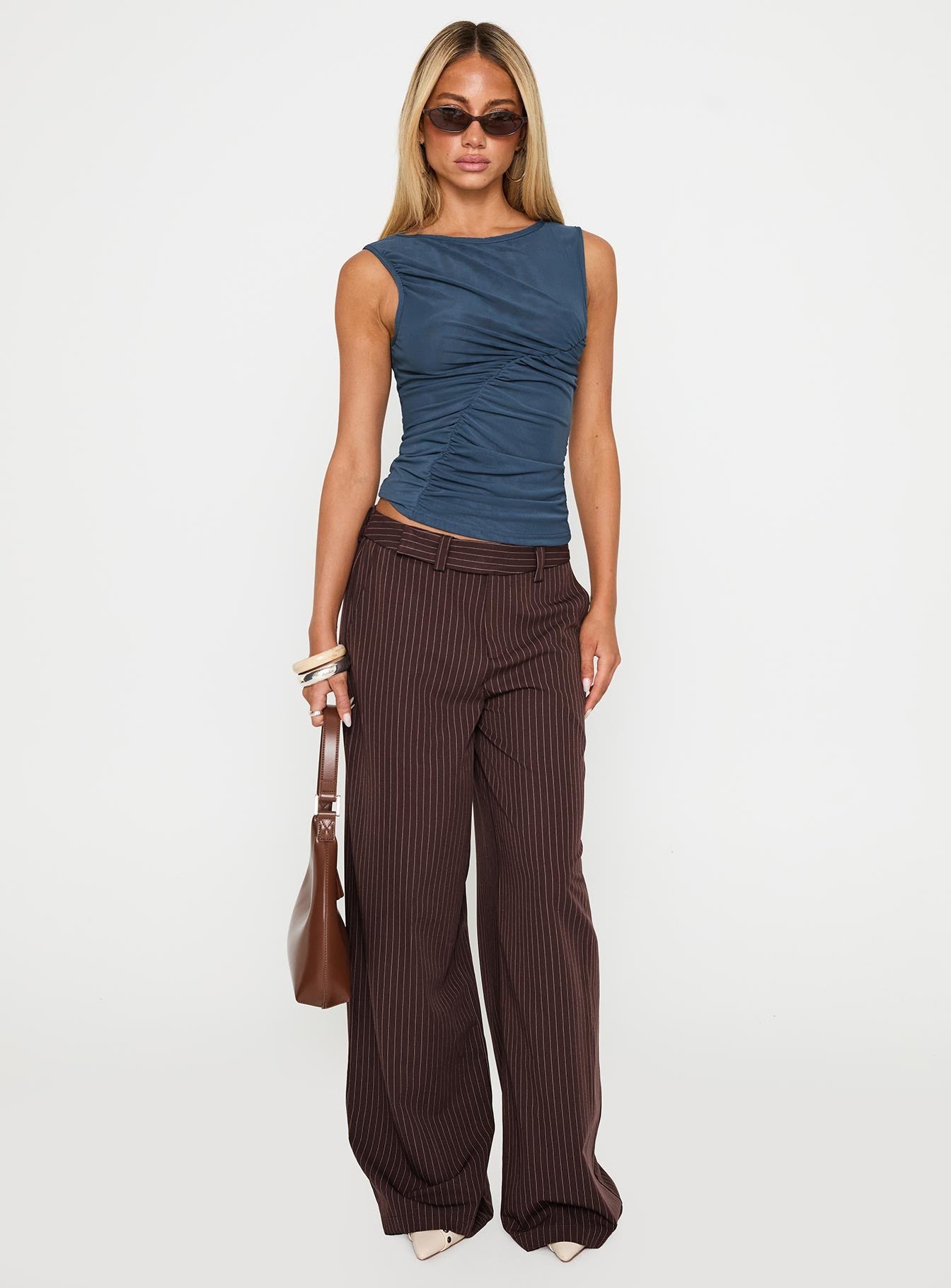 front view of model wearing Princess Polly Lustre Wide Leg Pant Brown Pinstripe Low Rise Pants 