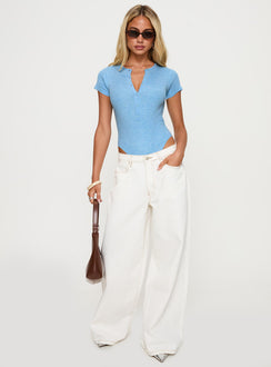 back view of model wearing Princess Polly Kerra Short Sleeve Bodysuit Blue Short Sleeves 