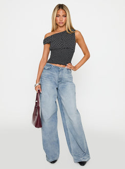 front view of model wearing Princess Polly Bowe Wide Leg Jeans Blue High Waisted 
