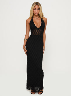 front view of model wearing Princess Polly San Lorenzo Crochet Maxi Dress Black Plunger 