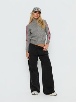 side view of model wearing Princess Polly Caysey Zip Through Knit Sweater Grey cropped 