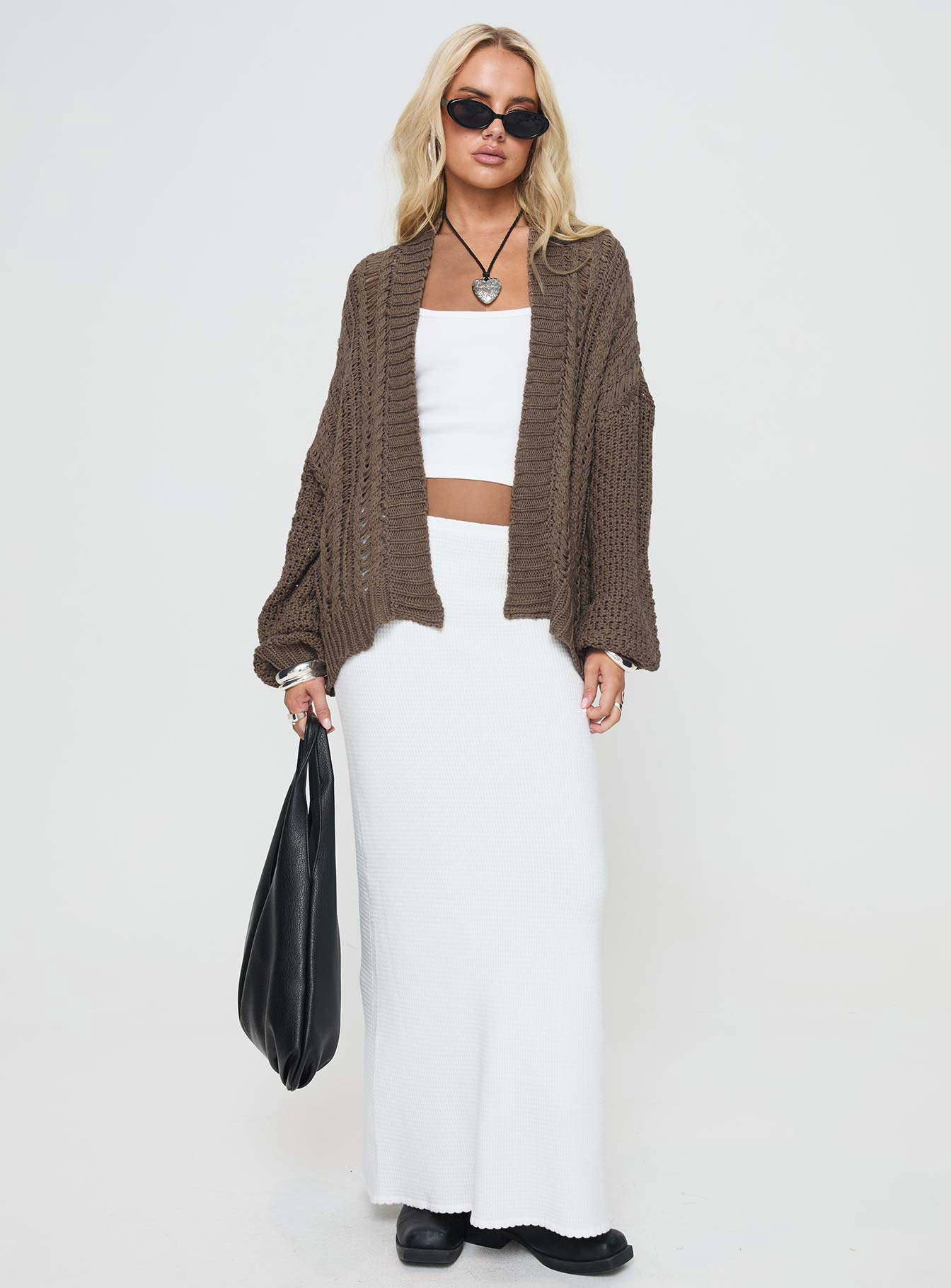 Cable knit cardigan, drop shoulder Good stretch, unlined Princess Polly Lower Impact 