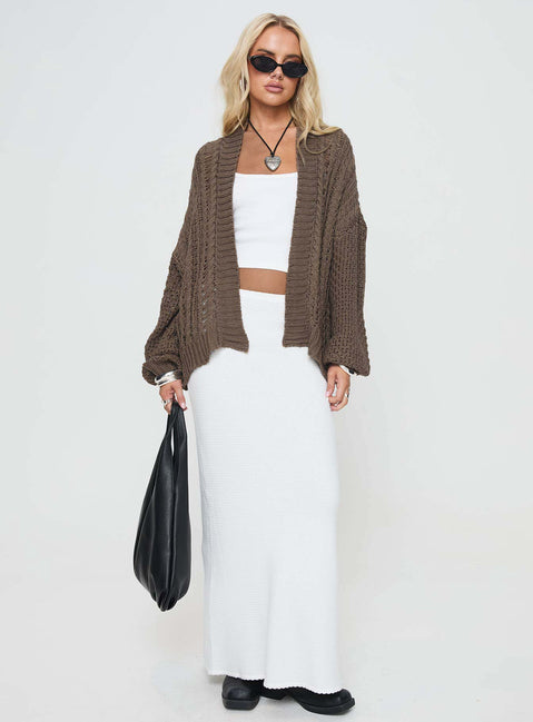 Cable knit cardigan, drop shoulder Good stretch, unlined Princess Polly Lower Impact 