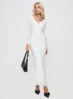 front view of model wearing Princess Polly Sorento Long Sleeve Bias Cut Maxi Dress White Scoop Neck 