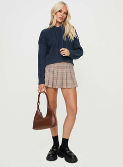 front view of model wearing Princess Polly Jorvik Cropped Cable Knit Hoodie Navy Cropped 