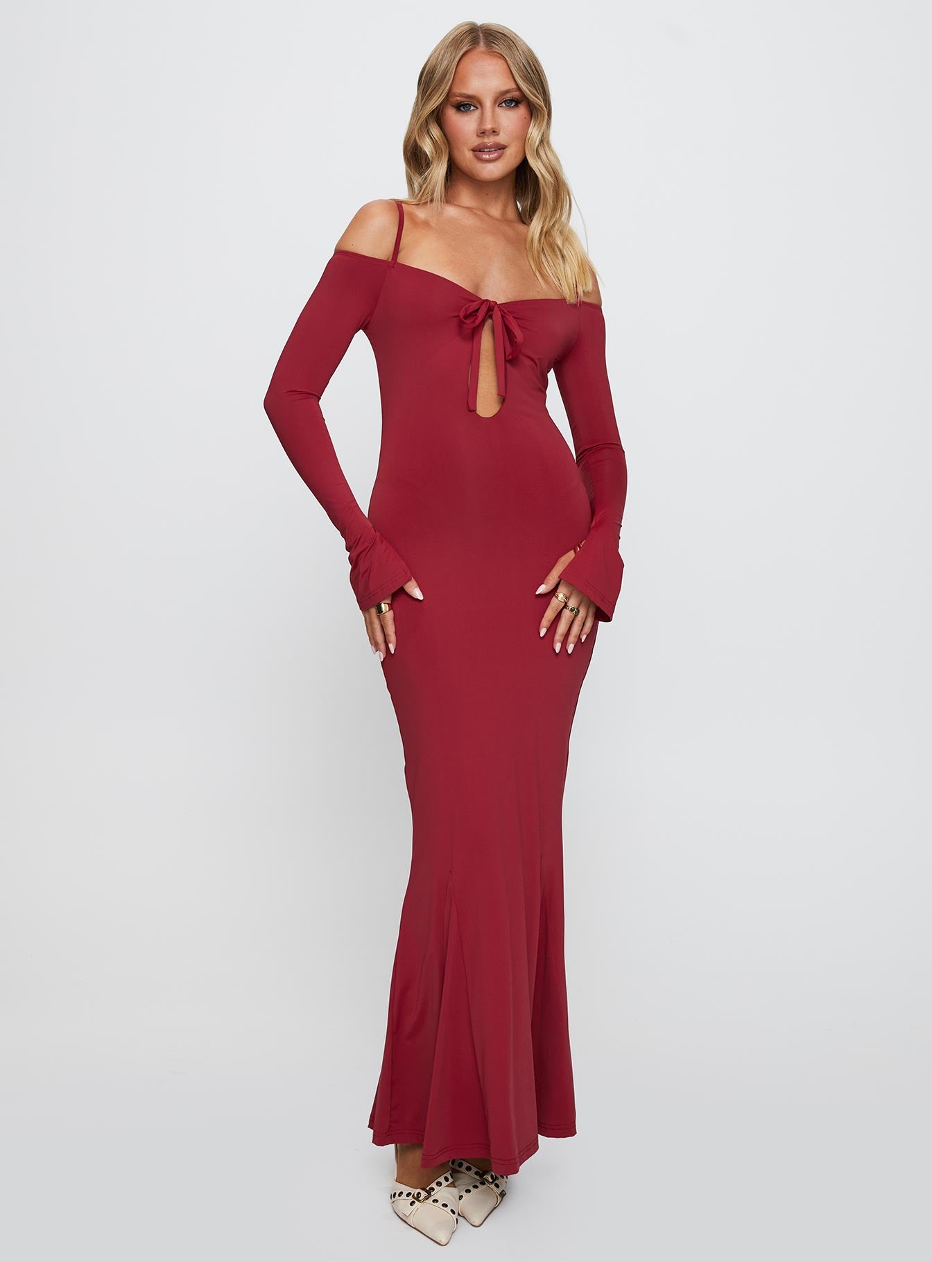 front view of model wearing Princess Polly Lucillea Long Sleeve Maxi Dress Red V-Neck 