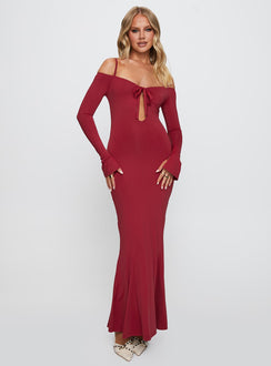 front view of model wearing Princess Polly Lucillea Long Sleeve Maxi Dress Red V-Neck 
