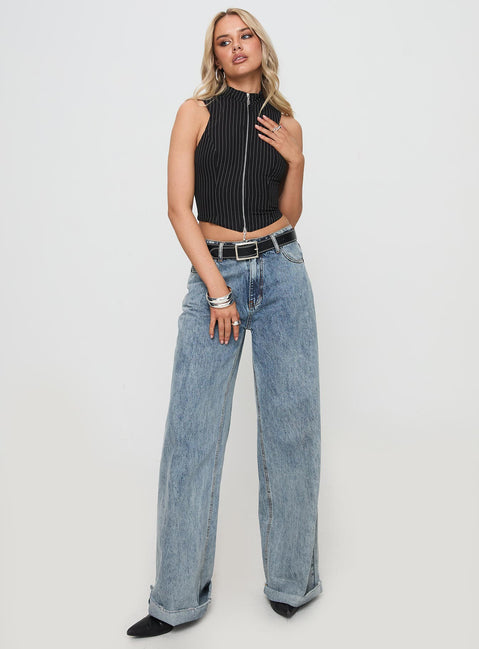 front view of model wearing Princess Polly Messa Top Black Pinstripe Sleeveless High Neck 