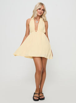 front view of model wearing Princess Polly Saddler Mini Dress Lemon Plunger 