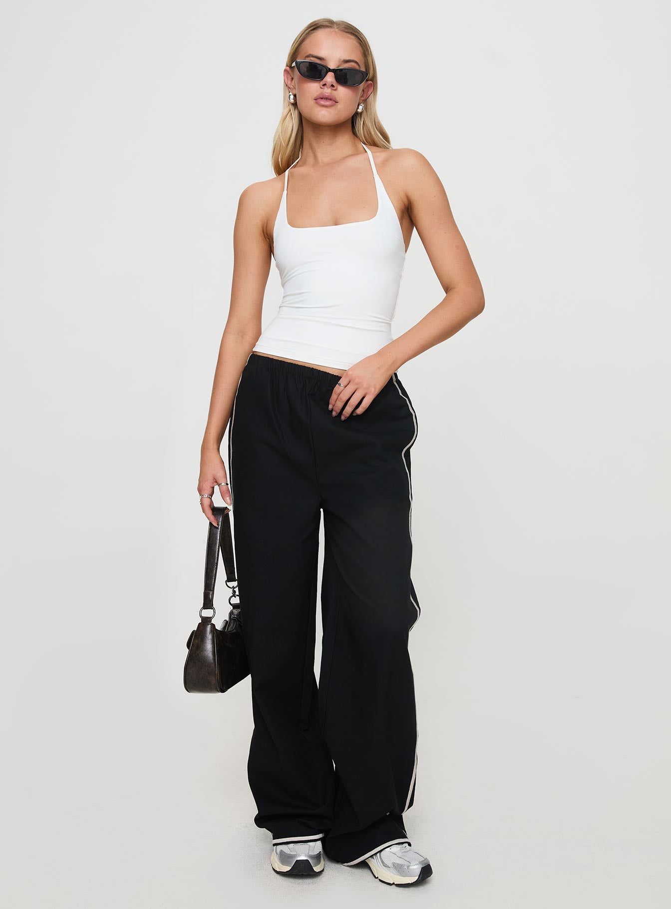 front view of model wearing Princess Polly Ezekiel Nylon Top White Sleeveless Square Neck 