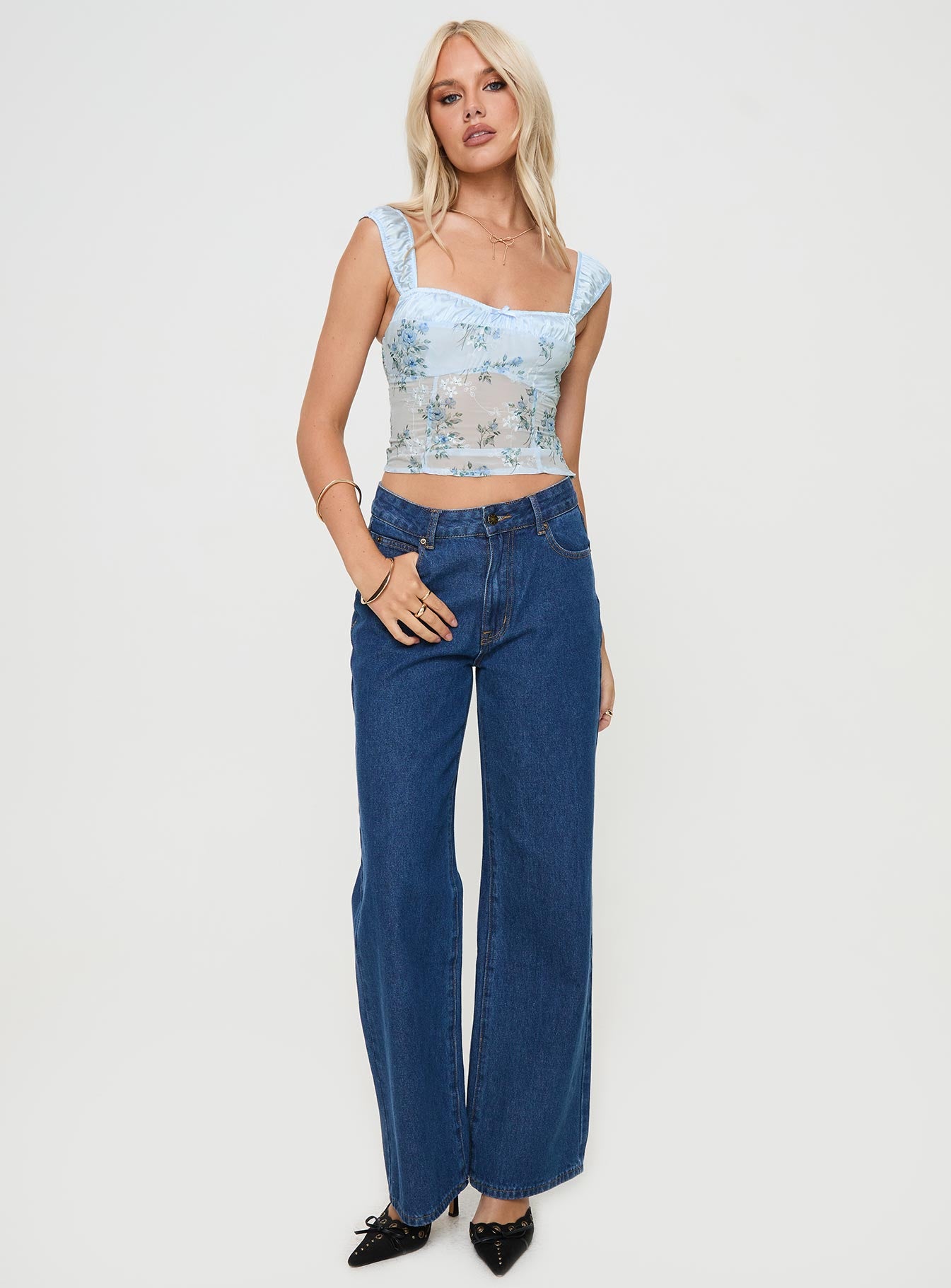 front view of model wearing Princess Polly Mallorca Top Blue Sleeveless Square Neck 