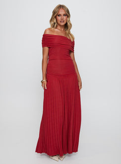 front view of model wearing Princess Polly Field Of Dreams Maxi Dress Crimson Straight Neck 