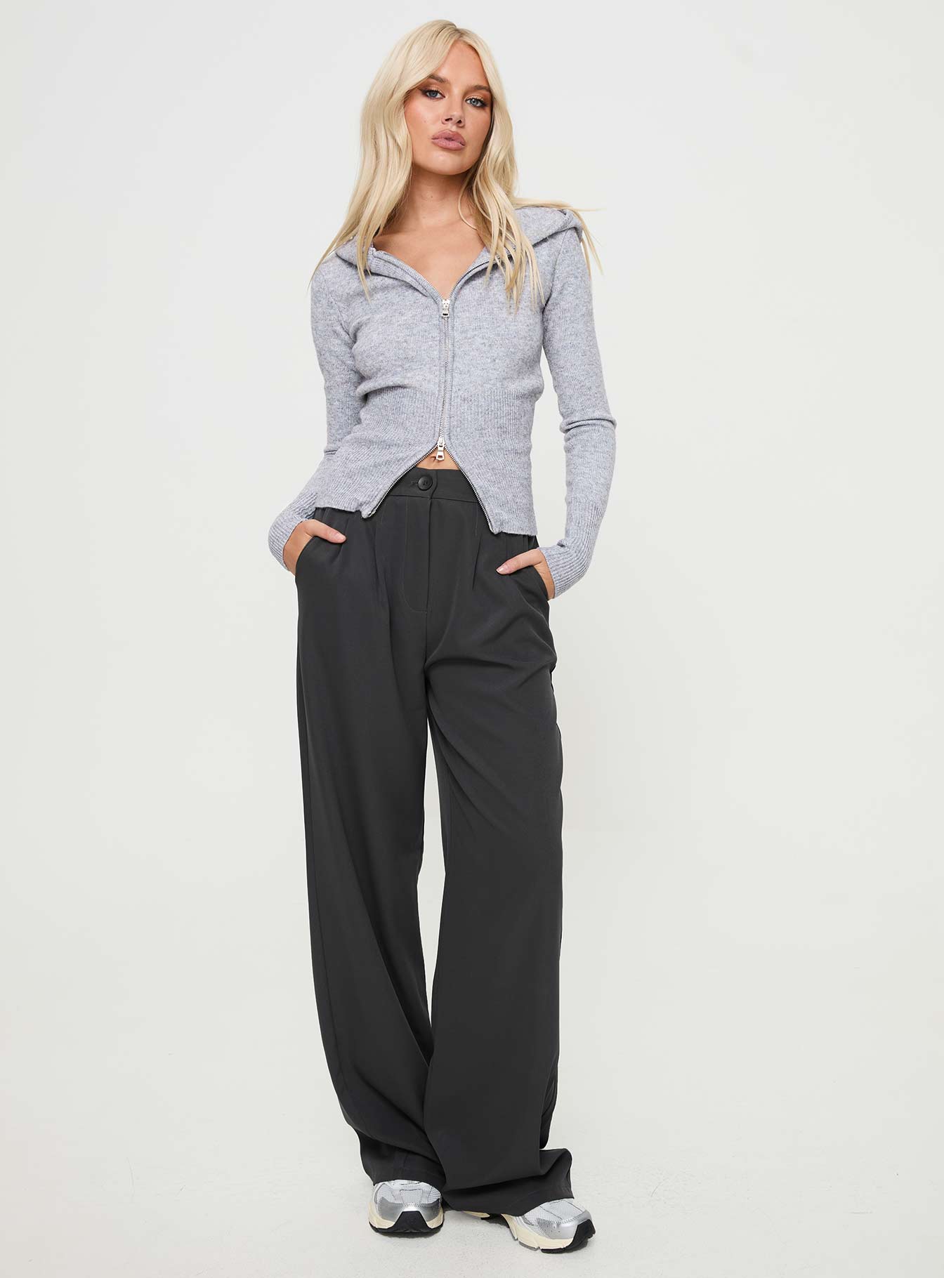 front view of model wearing Princess Polly Elingford Zip Up Hooded Sweater Lilac Marle Long 