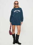 back view of model wearing Princess Polly New York Minute Mini Sweatshirt Dress Navy Crew Neck 