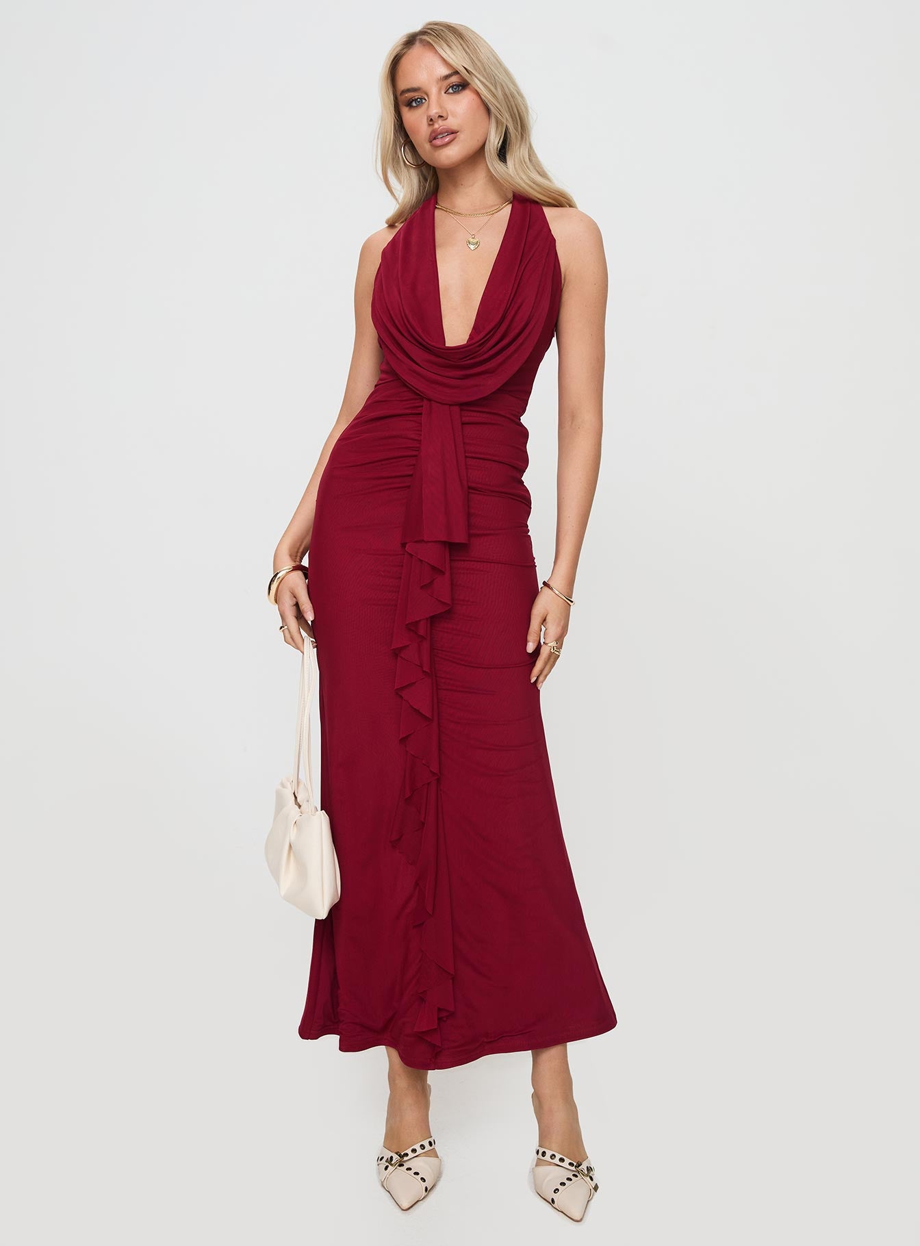 front view of model wearing Princess Polly Corzetti Maxi Dress Burgundy Plunger 