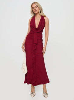 front view of model wearing Princess Polly Corzetti Maxi Dress Burgundy Plunger 