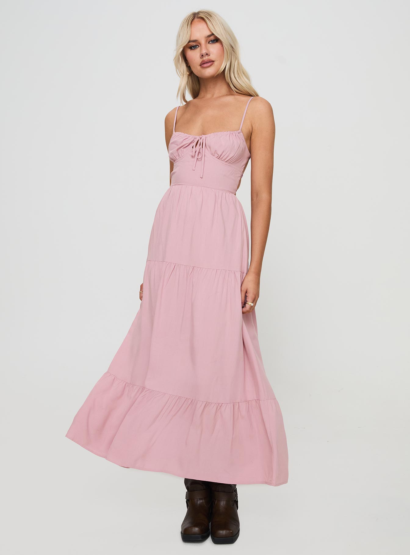 front view of model wearing Princess Polly Juzen Maxi Dress Pink Sweetheart Neckline 