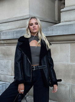 Faux leather jacket Silver-toned hardware, zip fastening down front, twin hip pockets, adjustable & removable belt Non-stretch material, shearling lined