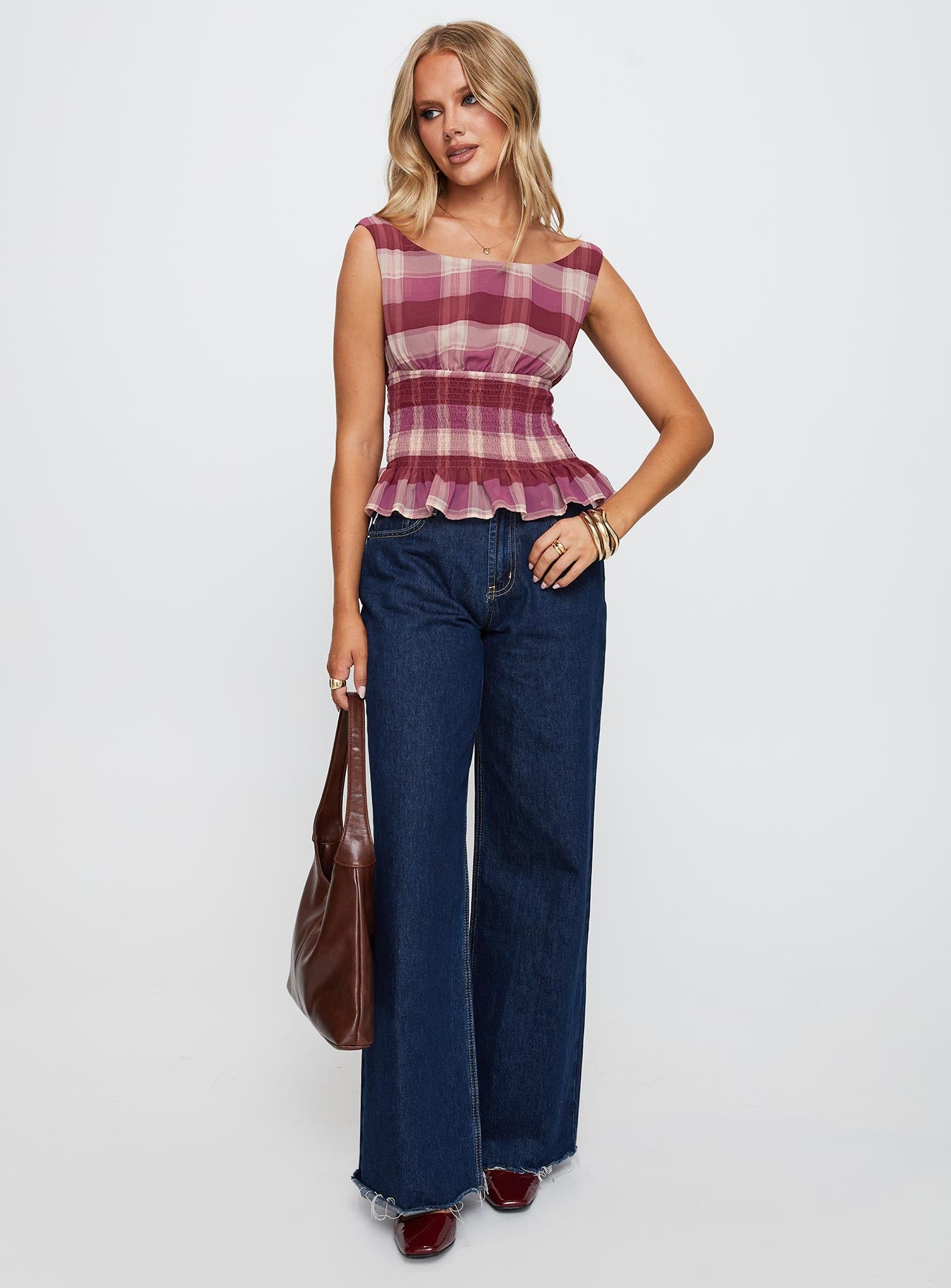 back view of model wearing Princess Polly Sweet Honey Frill Top Pink Check Sleeveless Boat Neck 