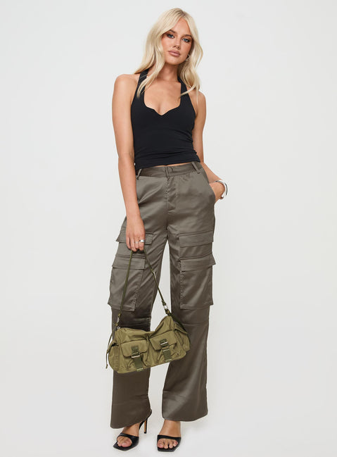 front view of model wearing Princess Polly Crimsen Cargo Pants Chocolate High Waisted Pants 