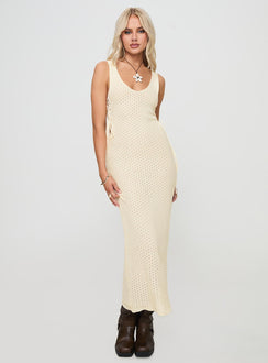 side view of model wearing Princess Polly Cosmoth Maxi Dress Cream Scoop Neck 