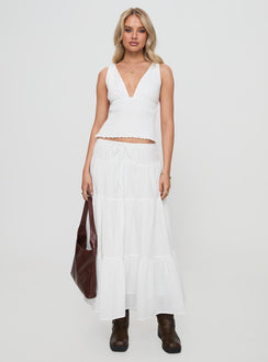 front view of model wearing Princess Polly Barletta Top White Sleeveless Plunger 