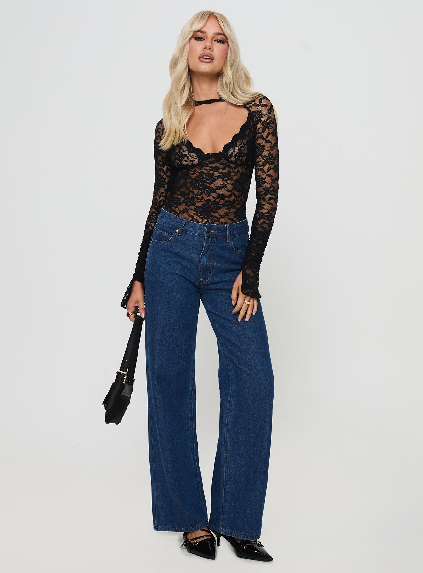 back view of model wearing Princess Polly Giallo Long Sleeve Bodysuit Black Full Sleeves 