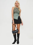 Green Top Mesh material, high neckline, pinched detail with split in hem