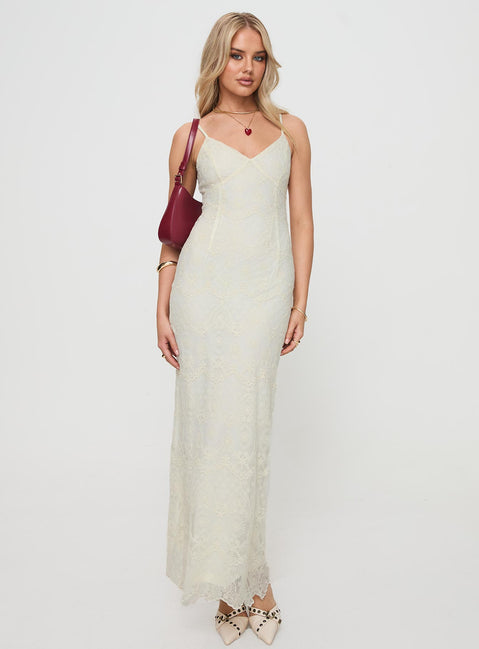 front view of model wearing Princess Polly Euphemia Maxi Dress Cream V-Neck 