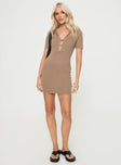 front view of model wearing Princess Polly Theola Mini Dress Brown V-Neck 