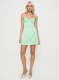 front view of model wearing Princess Polly Dear Me Mini Dress Sage Sweetheart Neckline 