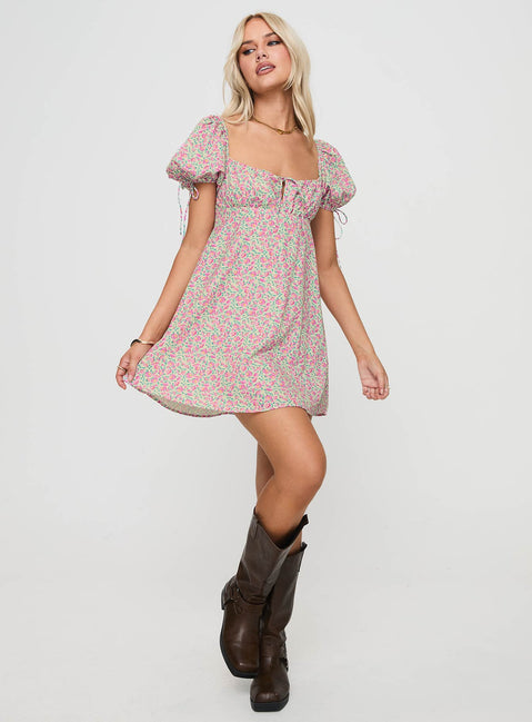front view of model wearing Princess Polly Larsson Mini Dress Pink Floral Square Neck 