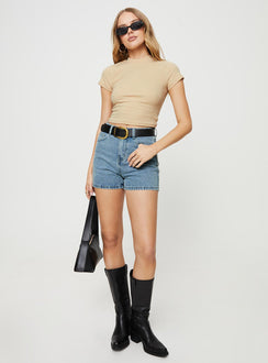 front view of model wearing Princess Polly Shaline Shorts Light Wash Denim High Waisted Shorts 