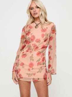 front view of model wearing Princess Polly Florinda Long Sleeve Mini Dress Pink Floral High Neck 
