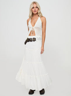 back view of model wearing Princess Polly Tahlia-marie Crochet Top White Sleeveless Plunger 