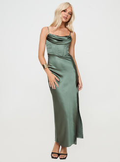 front view of model wearing Princess Polly Marchand Maxi Dress Green Cowl Neck 