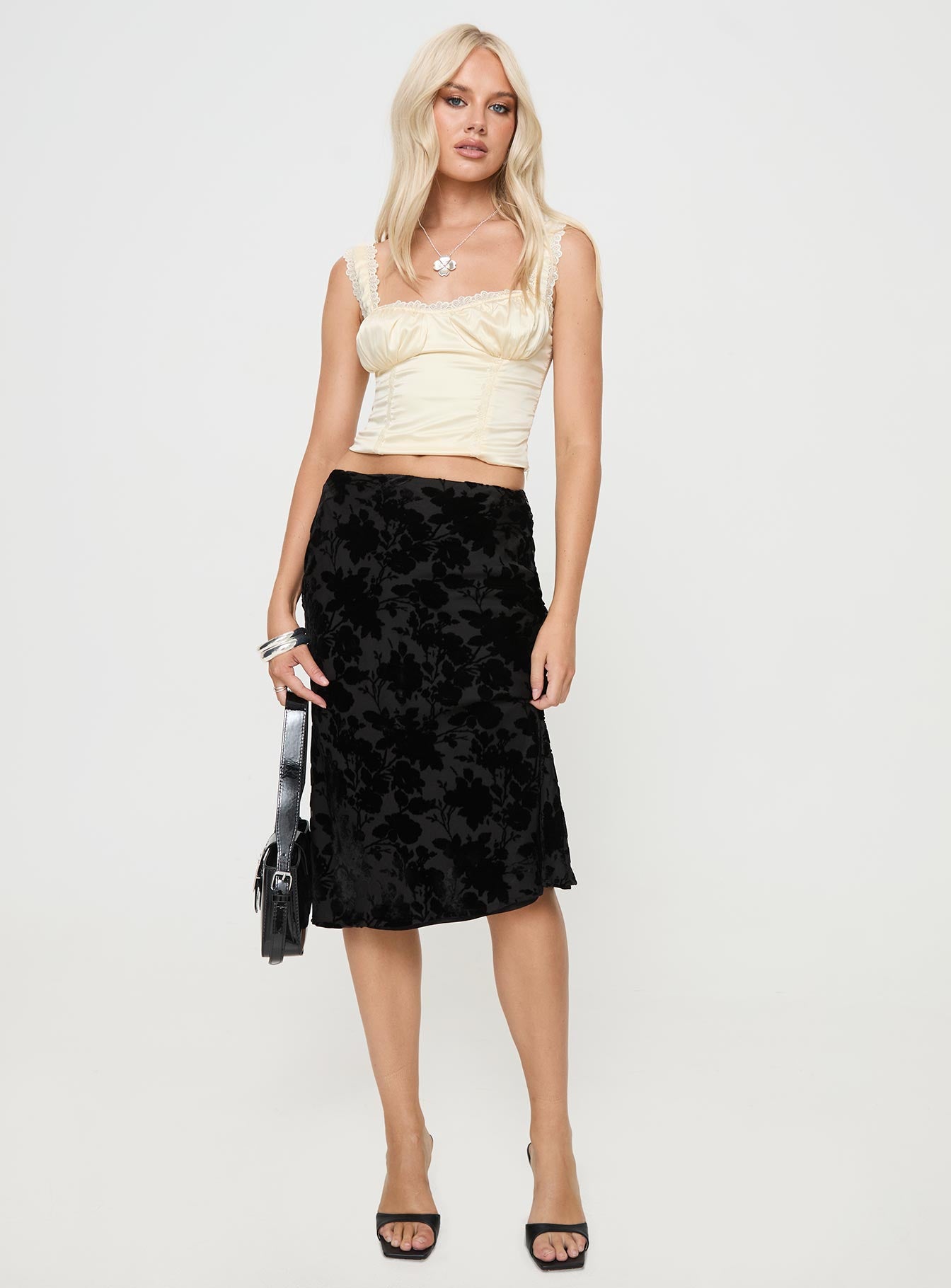 front view of model wearing Princess Polly Vicente Corset Top Cream Sleeveless Sweetheart 