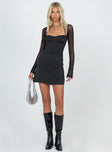 Princess Polly Square Neck  Dyer Sheer Sleeve Mini Dress Black Tall