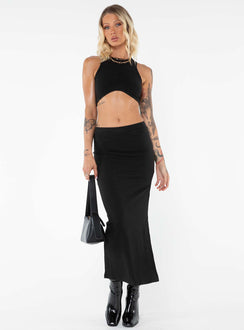 Matching set Slim fitting, Crop top, Scooped hem, Fixed straps, High waisted skirt, Elasticated waistband, Large split