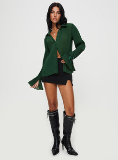 front view of model wearing Princess Polly Ravil Shirt Forest Green Full Sleeves V-Neck 