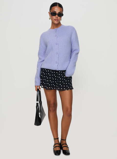 side view of model wearing Princess Polly Alyse Mohair Cardigan Lilac Long 