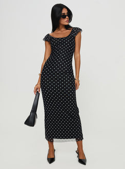front view of model wearing Princess Polly Sandberg Maxi Dress Black Polka Dot Scoop Neck 