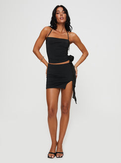 Black Matching two piece set Halter neck crop top with tie fastening, ruching at side, rose and ruffle detail
