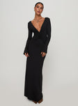 side view of model wearing Princess Polly Lezure Plunge Long Sleeve Maxi Dress Black Plunger 