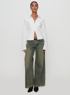 front view of model wearing Princess Polly Foxley Long Sleeve Top White Full Sleeves V-Neck 