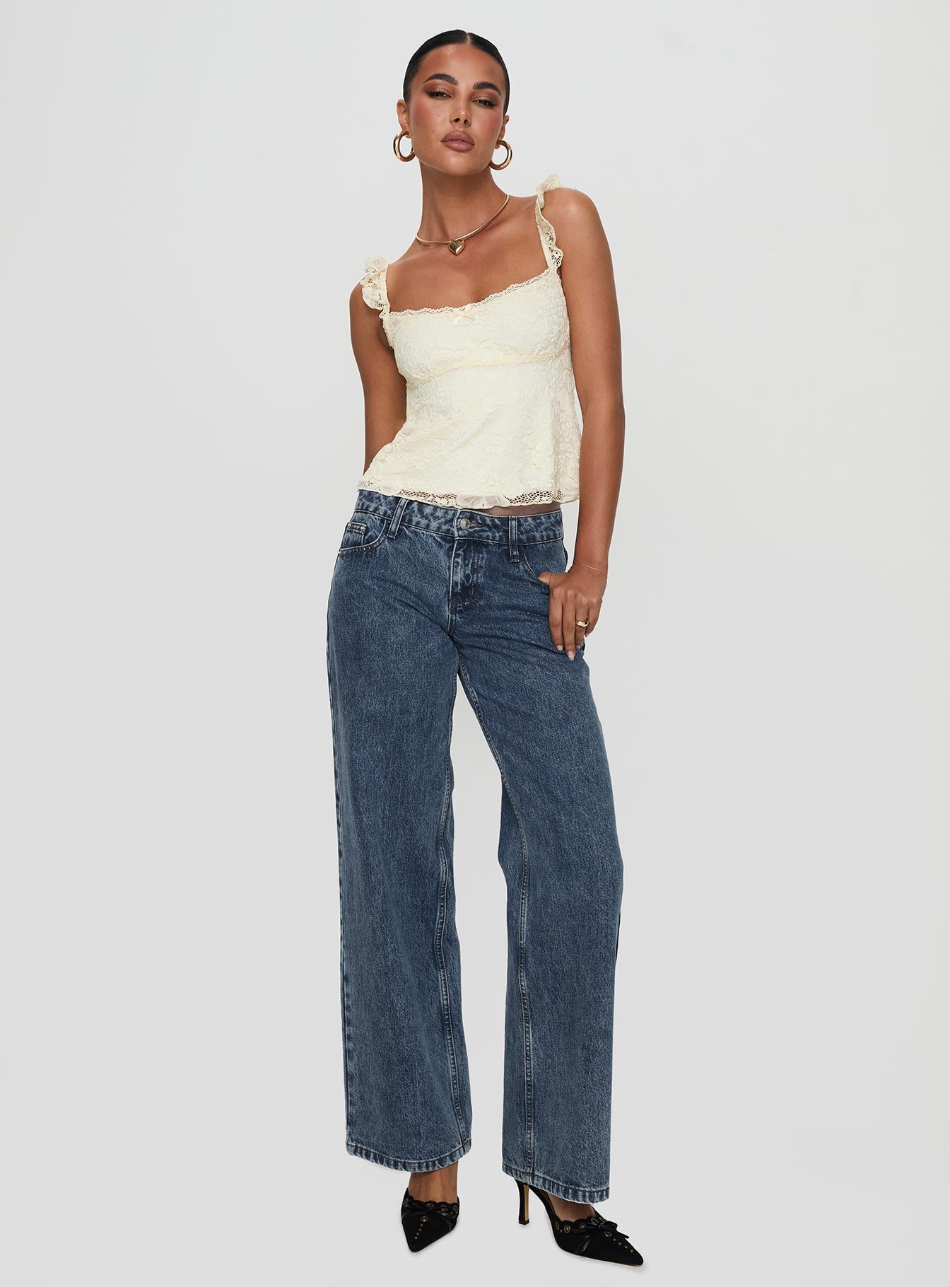 side view of model wearing Princess Polly Madaleine Lace Top Cream Sleeveless Square Neck 