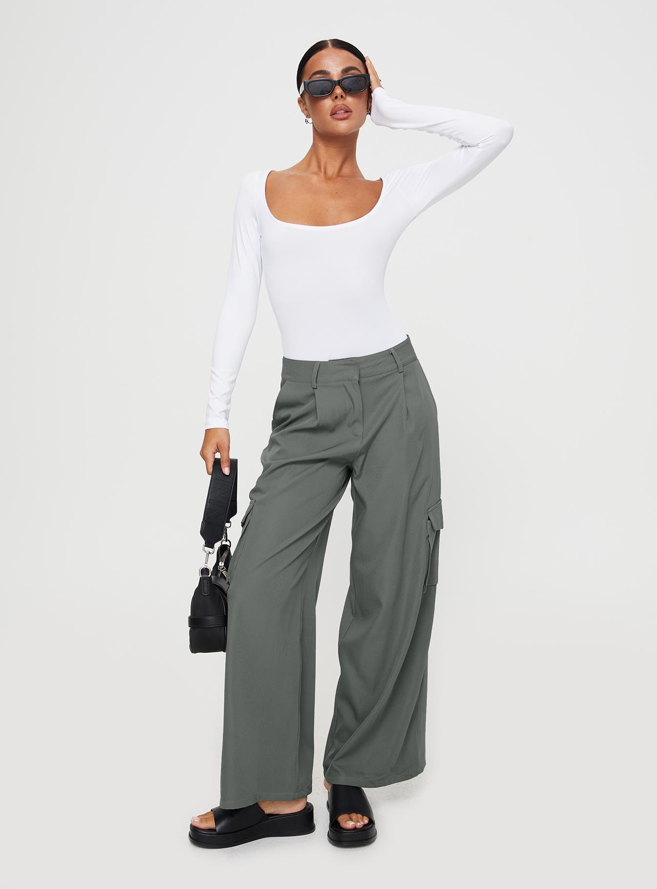 back view of model wearing Princess Polly Ellery Bodysuit White Full Sleeves Square Neck 